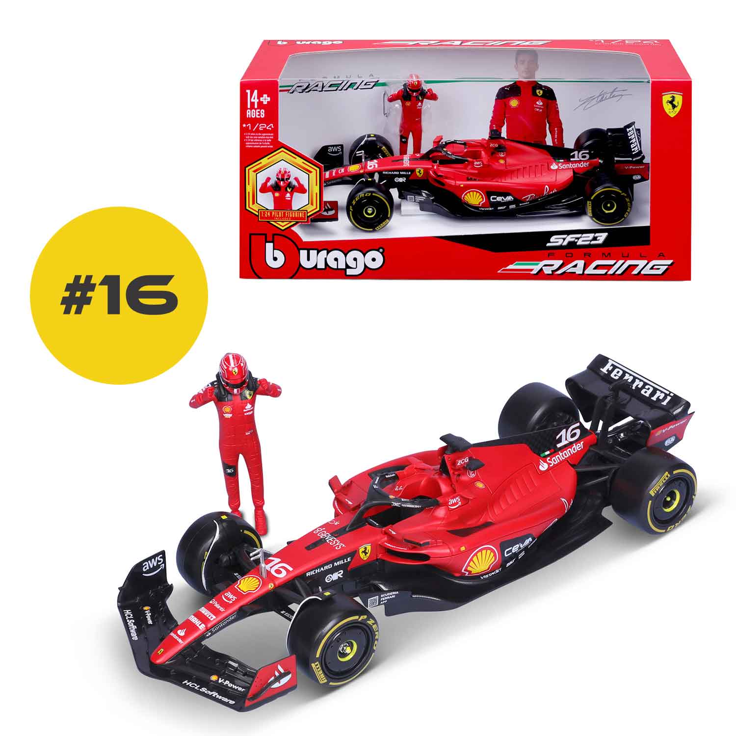 Modellauto F1 Ferrari SF-23 von 2023 mit Figur Windowbox rot im Maßstab 1:24