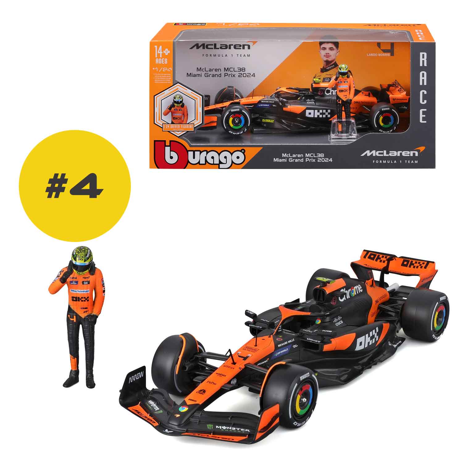 Modellauto McLaren MCL38 von 2024 mit Figur Windowbox schwarz im Maßstab 1:24