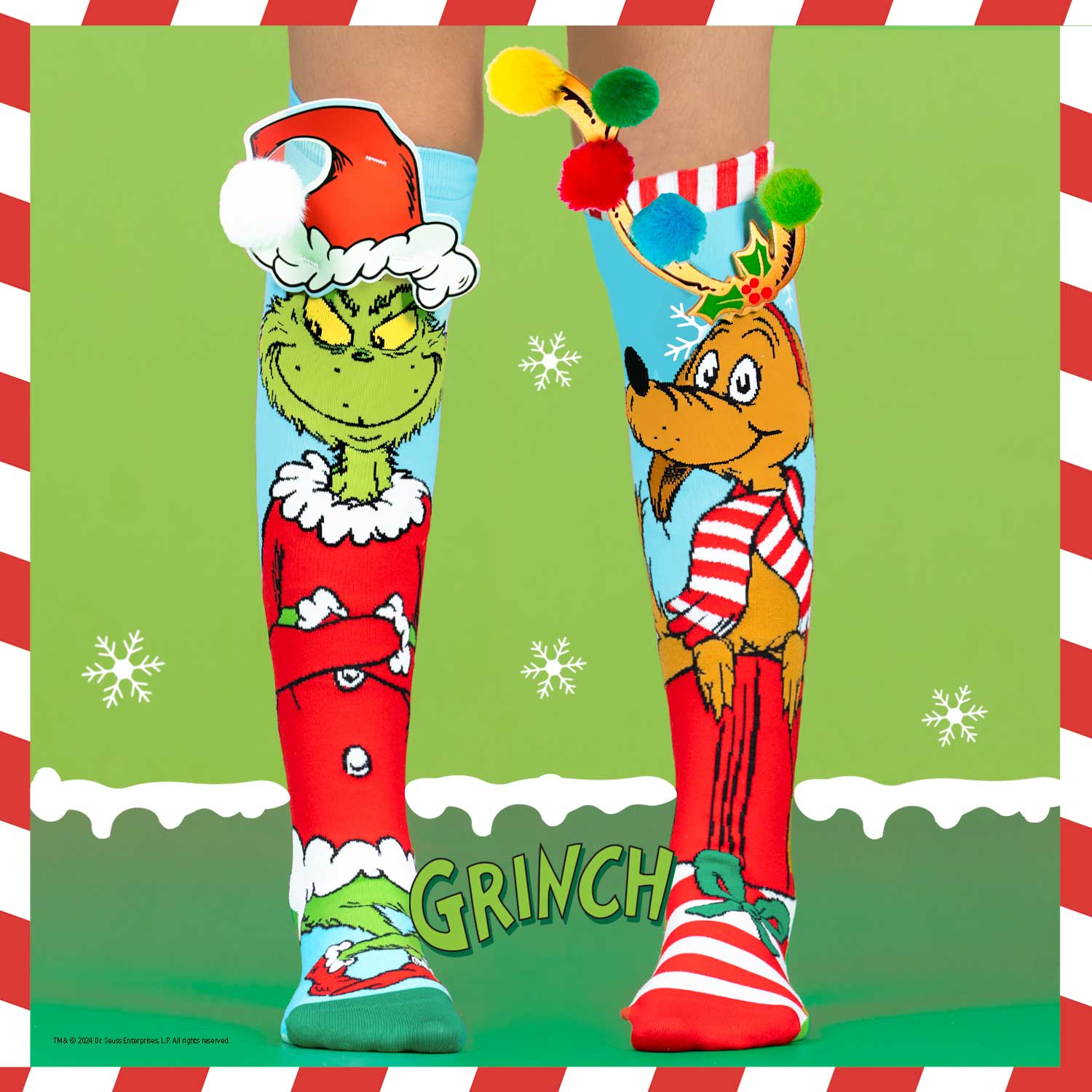 Farbenfrohe Socken mit Grinch und Max Muster und 3D Applikationen, 6-99 Jahre geeignet