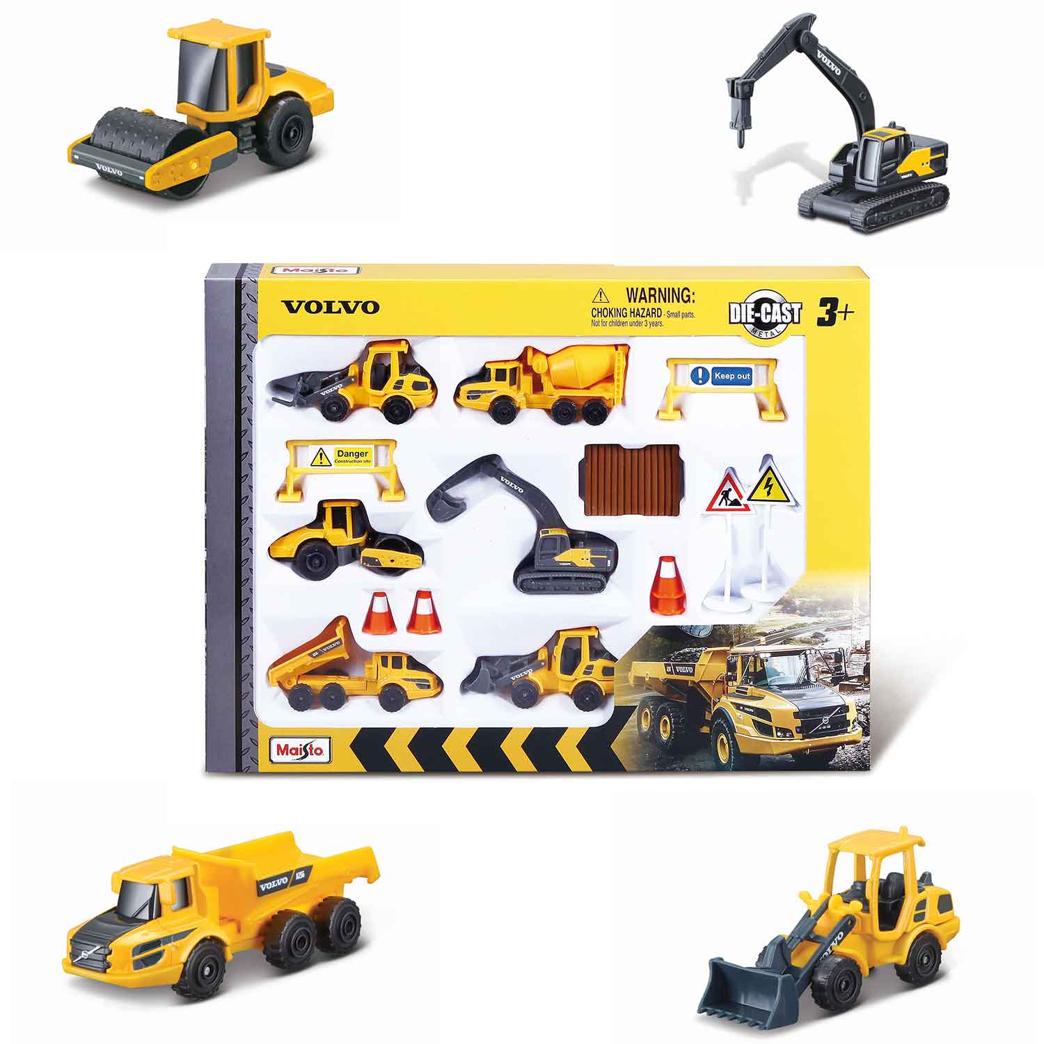 Spielzeugmodell Volvo Baufahrzeuge 8 cm Playset mit 6 Fahrzeugen gelb