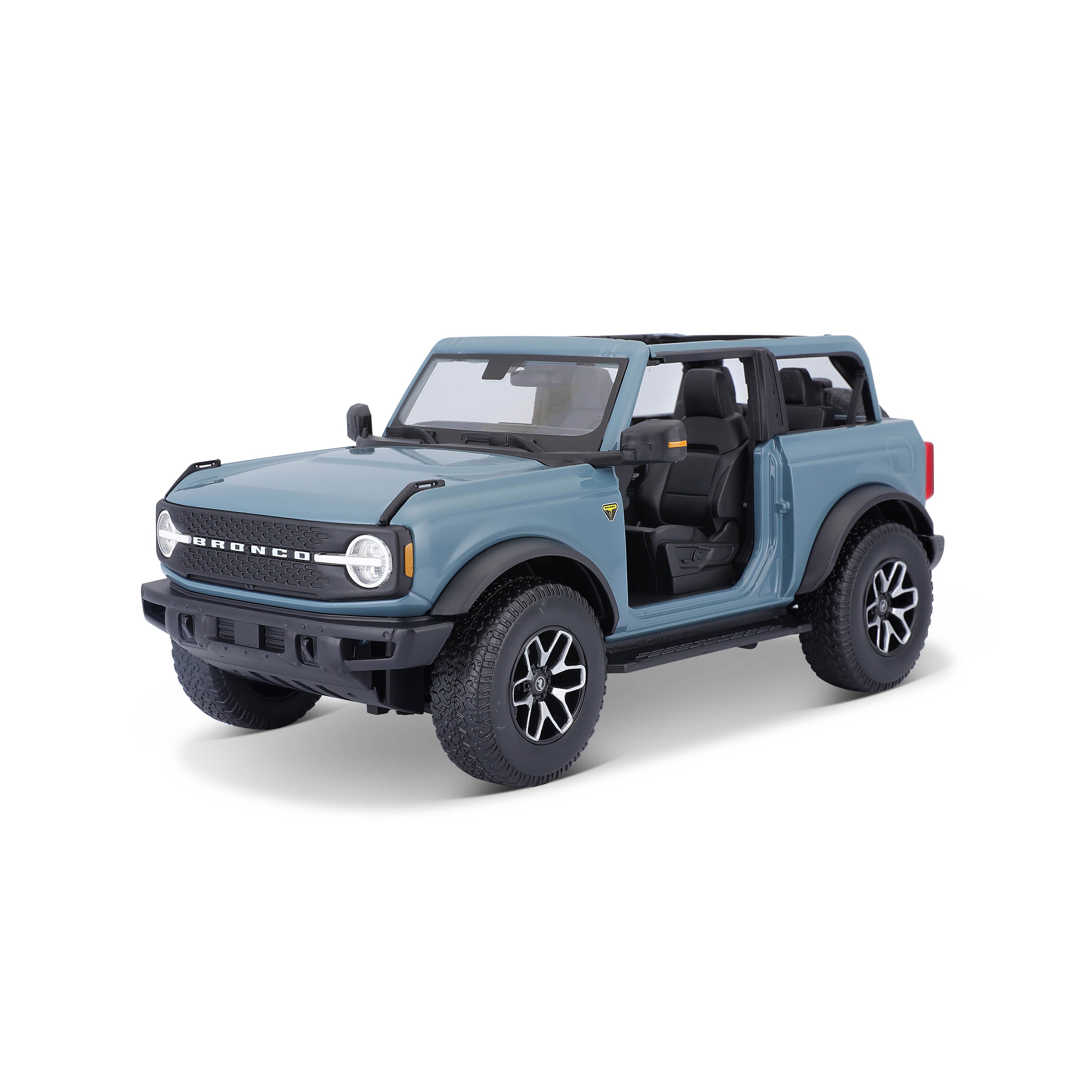 Modellauto Ford Bronco Badlands blau von 2021, ohne Türen  im Maßstab 1:18