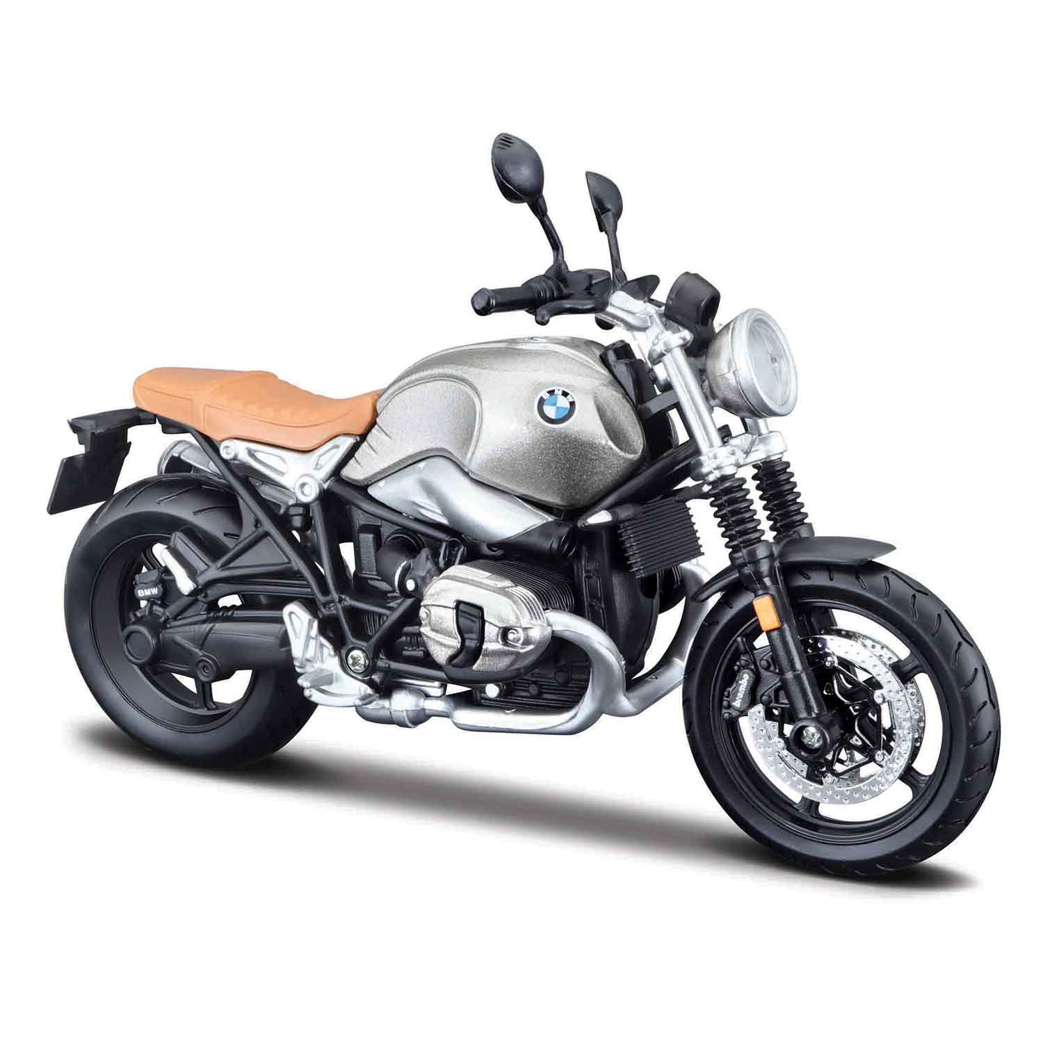 Motorradmodell SE BMW R nineT Scrambler auf Sockel metallic grau im Maßstab 1:12